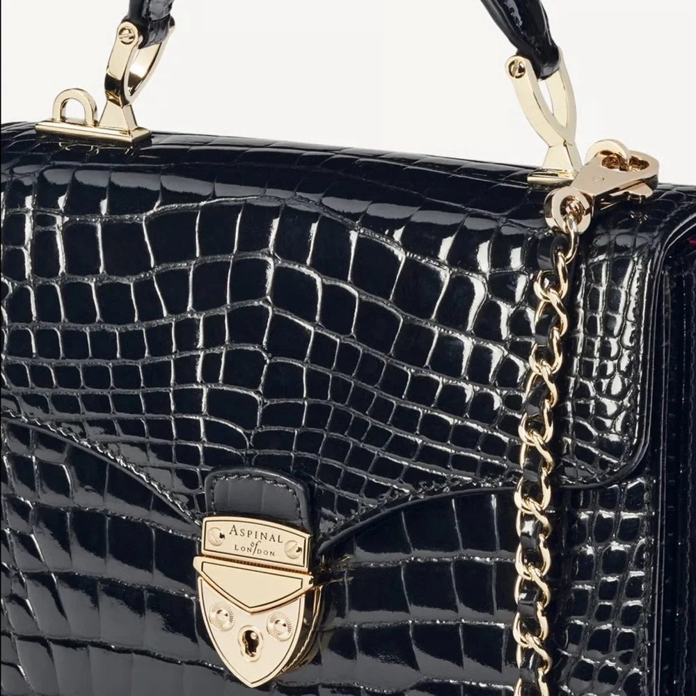 Aspinal of London Midi Mayfair Black Patent Croc Top Handle Crossbody Chain Bag